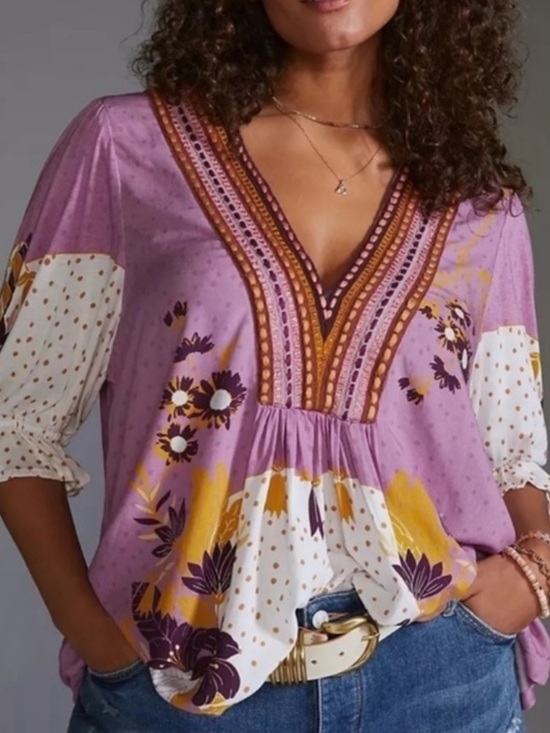 Anthropologie Tops - Anthropologie Lavender & Mustard Floral V-Neck Tunic